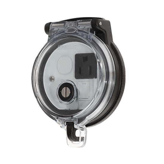 Dispositivo Circular de Puertos de Acceso a Datos, Con Dos Espacios Para Módulos Mini-Com y Un Receptáculo NEMA 5-15R, Protección IP66, de 3