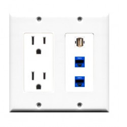 Placa Tapa doble gang en ABS contacto eléctrico doble + USB 2.0 + 2 Jack RJ45 Cat6