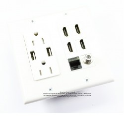 Placa Tapa Decora Contacto Eléctrico + 2 USB carga + 4 HDMI + Cople Jack RJ45 Cat6 + Conector roscado F