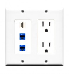 Placa Tapa Decora HDMI + 2 Jacks RJ45 Cat6 + contacto eléctrico doble en ABS