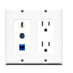 Placa Tapa Decora HDMI + 2 Jacks RJ45 Cat6 + contacto eléctrico doble en ABS