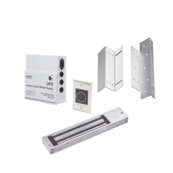 Kit para control de acceso incluye Fuente de 12VCD con respaldo de batería/ Chapa magnética de 600Lbs / Montajes L y Z / Botón de salida 