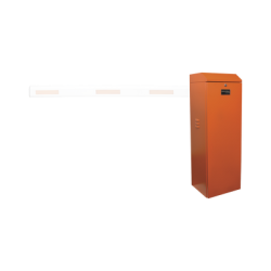 Barrera vehicular izquierda / Soporta brazo de hasta 5.5 m / Final de carrera ajustable por programación / Movimiento fluido / Diseño elegante color naranja