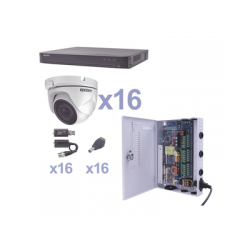 KIT TurboHD 1080p / DVR 16 Canales / 16 Cámaras Eyeball (exterior 2.8 mm) / Transceptores / Conectores / Fuente de Poder Profesional