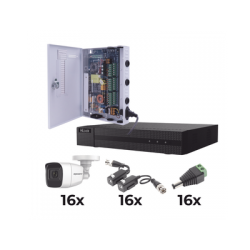 KIT TurboHD 1080p / DVR 16 Canales / 16 Cámaras Bala Policarbonato con Microfono (exterior 2.8 mm) / Transceptores / Conectores / Fuente de Poder Profesional