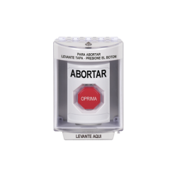 Botón de Abortar, Bocina de Advertencia Integrada, Texto en Español, Tapa Protectora de Policarbonato Súper Resistente con Espaciador, Restablecimiento con Llave
