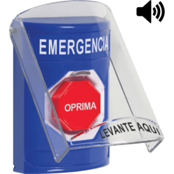 Botón Multipropósito, Color Azul, De Superficie, Con Tapa De Policarbonato, Con Bocina Prealarma, Para Interior, Llave Para Restablecer, Texto De Emergencia, Español