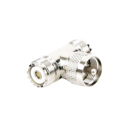 Adaptador en forma T, de Conector UHF Macho (PL-259) a Doble UHF Hembra (SO-239), Níquel/ Plata/ Delrin.