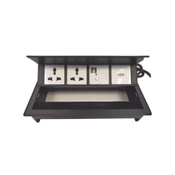 Caja Horizontal tipo Hub para escritorio color negro, con 1 Puerto HDMI Hembra-Hembra, 1 puerto RJ45 Cat6,  2 Puertos USB (Solo carga),  y 2 Contactos eléctricos universales