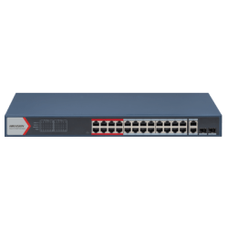 Switch  PoE+ / Monitoreable / 24 Puertos 100 Mbps PoE+ / 2 Puertos 1000 Mbps + 2 Puertos SFP de Uplink (COMBO) / Configuración Nube Hik-Partner Pro / Modo Extendido hasta 300 Metros / 370 Watts