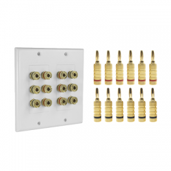 KIT 1 Placa de Pared + 6 Pares Conectores Banana (Rojo+Negro) | Postes de Unión Tipo Banana | Conexión para 6 Altavoces | Fácil Instalación | Conectores Chapados en Oro