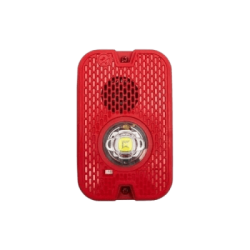 Sirena con Lámpara LED Estroboscópica / a 2 Hilos / Montaje en Pared / 12 o 24 Vcd / Configuración Estroboscópica Seleccionable / Texto en Inglés / Color Rojo / Uso exterior