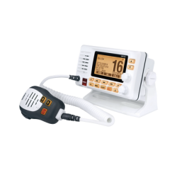 Radio Móvil Marino VHF, color blanco con receptor de GPS integrado, puerto de conexión NMEA 2000, 25W de potencia de RF, sumergible IPX8. 