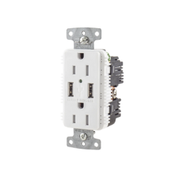 Contacto Dúplex con 2 Puertos USB, 15A 125V, 2 Polos, 3 Hilos, Color Blanco. 