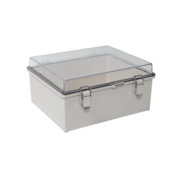 Gabinete Plástico ABS, Puerta Transparente, Uso en Intemperie (350 x 460 x 160 mm) Cierre por Broches Inoxidables y Permite Cerrado con Candado y Llave (Perno 5mm) No Incluido