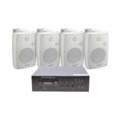 KIT de Amplificador de 120W para Escritorio | 4 Altavoces de Pared color Blanco 2.5W - 20W | Sistema 70/100V