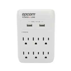 Multicontacto de Pared 110 Vca / Supresor de Picos 1080 Joules / 6 x Nema 5-15P / 2 x USB (5V @3.4A) 