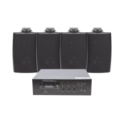 KIT de Amplificador de 120W para Escritorio | 4 Altavoces de Pared color Negro 2.5W - 20W | Sistema 70/100V