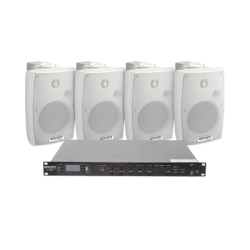 KIT de Amplificador de Audio 120W para Rack | 4 Altavoces de Pared color Blanco 2.5W - 20W | Sistema 70/100V