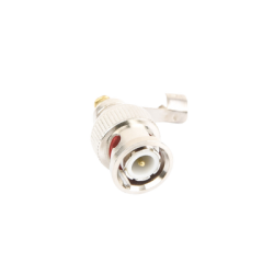 Conector BNC macho en 75 Ohm, para cable coaxial RG-59 / Con base de alivio negra de PVC, Níquel/ Oro/ PTFE.