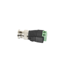 Adaptador de conector BNC macho a 2 terminales-tornillo para cables AWG-26-14, en aplicaciones Video Vigilancia, Níquel/ Oro/  PTFE y PVC.