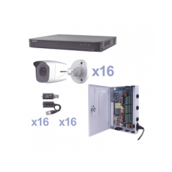 KIT TurboHD 1080p / DVR 16 Canales / 16 Cámaras Bala (exterior 2.8 mm) / Transceptores / Conectores / Fuente de Poder Profesional