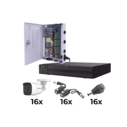 KIT TurboHD 1080p / DVR 16 Canales / 16 Cámaras Bala Policarbonato con Microfono (exterior 2.8 mm) / Transceptores / Conectores / Fuente de Poder Profesional