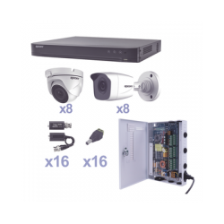 KIT TurboHD 1080p / DVR 16 Canales / 8 Cámaras Bala (exterior 2.8 mm) / 8 Cámaras Eyeball (exterior 2.8 mm) / Transceptores / Conectores / Fuente de Poder Profesional