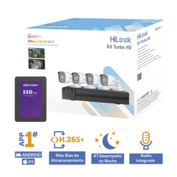 Kit TurboHD 1080p + SSD 500 GB / DVR 4 Canales / 4 Cámaras Bala ColorVu con Micrófono Integrado / Fuente de Poder / Accesorios de Instalación