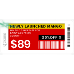 Etiqueta de Estantería Electrónica ESL ZKE21B / Pantalla EPD 2.13 Pulgadas / Resolución 122x250 Píxeles / 4 Colores (Negro Blanco Rojo Amarillo) / BLE 5.0 con Encriptación AES-128 / Batería 5 Años / NFC / C
