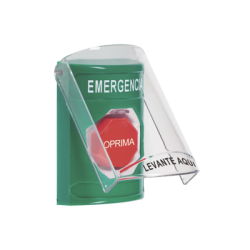 ​​Botón Multipropósito, Color Verde, De Superficie, Con Tapa De Policarbonato, Con Bocina Pre Alarma, Solo Interior, Llave Para Restablecer, Texto De Emergencia, Español