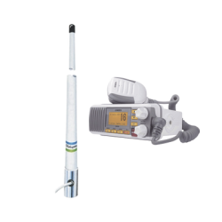 Kit de radio móvil VHF marino modelo UM-385 color blanco y antena marina Shakespeare de fibra de vidrio 5101